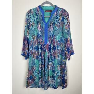 MEENA BAZAAR Beaded V Neck Mini Dress Long Sleeves Green Blue Pink Sz L